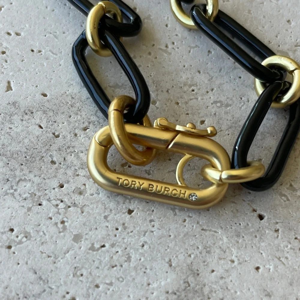 Tory Burch Black and Gold Logo Link Necklace - Picture 3 of 3